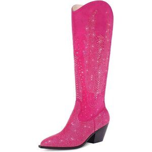 Women Polyurethane Hot Pink Knee High Pointed Toe Chunky Heel Rhinestone Boot